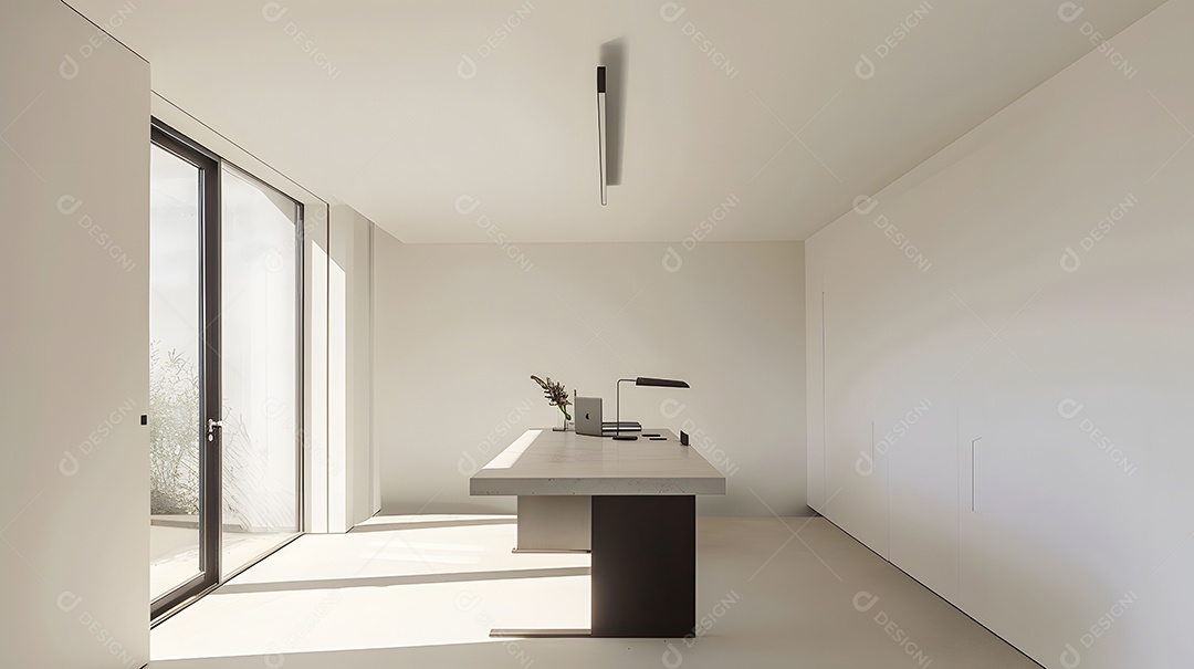 Um escritório minimalista com uma mesa simples e muita luz natural