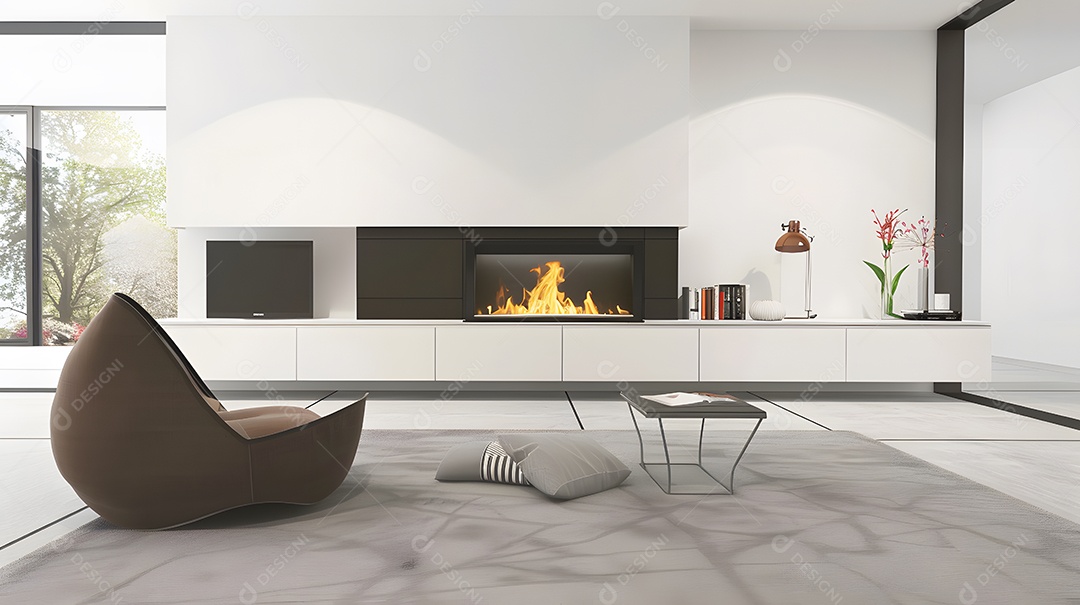 Uma lareira moderna com contorno minimalista e linhas limpas