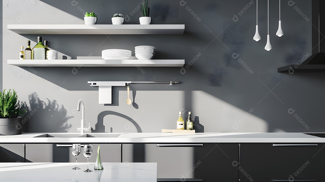 Uma cozinha moderna com acabamentos elegantes e prateleiras abertas