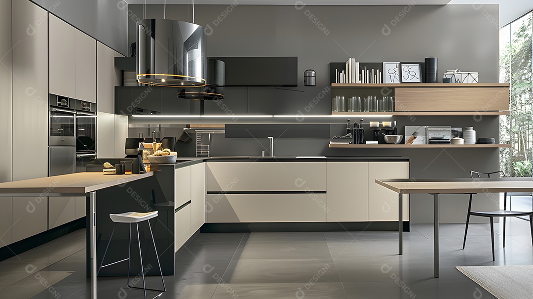 Uma cozinha moderna com acabamentos elegantes e prateleiras abertas