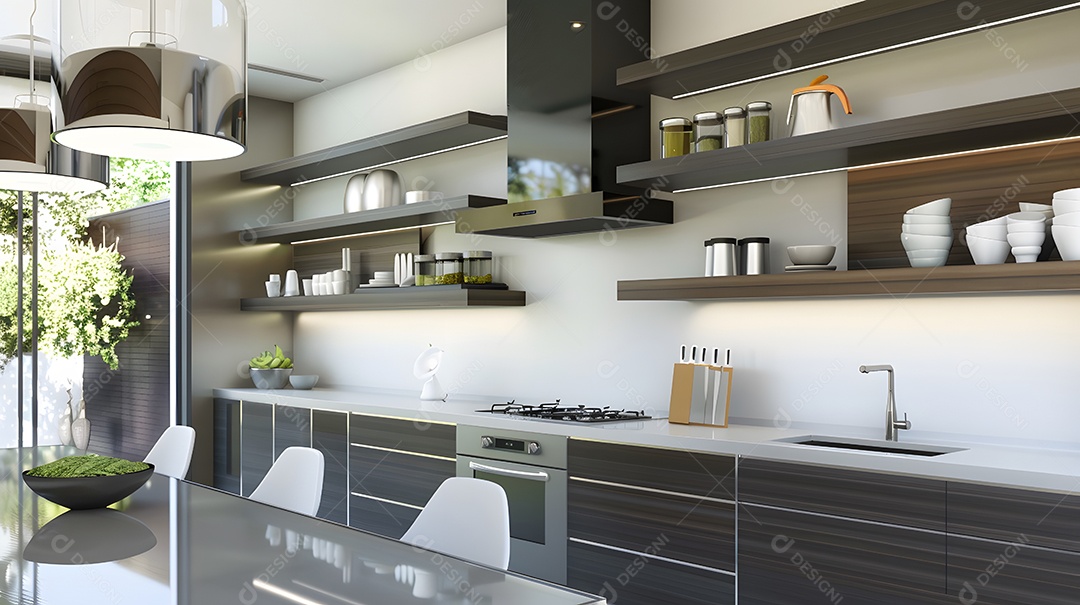 Cozinha moderna com acabamentos elegantes e prateleiras abertas