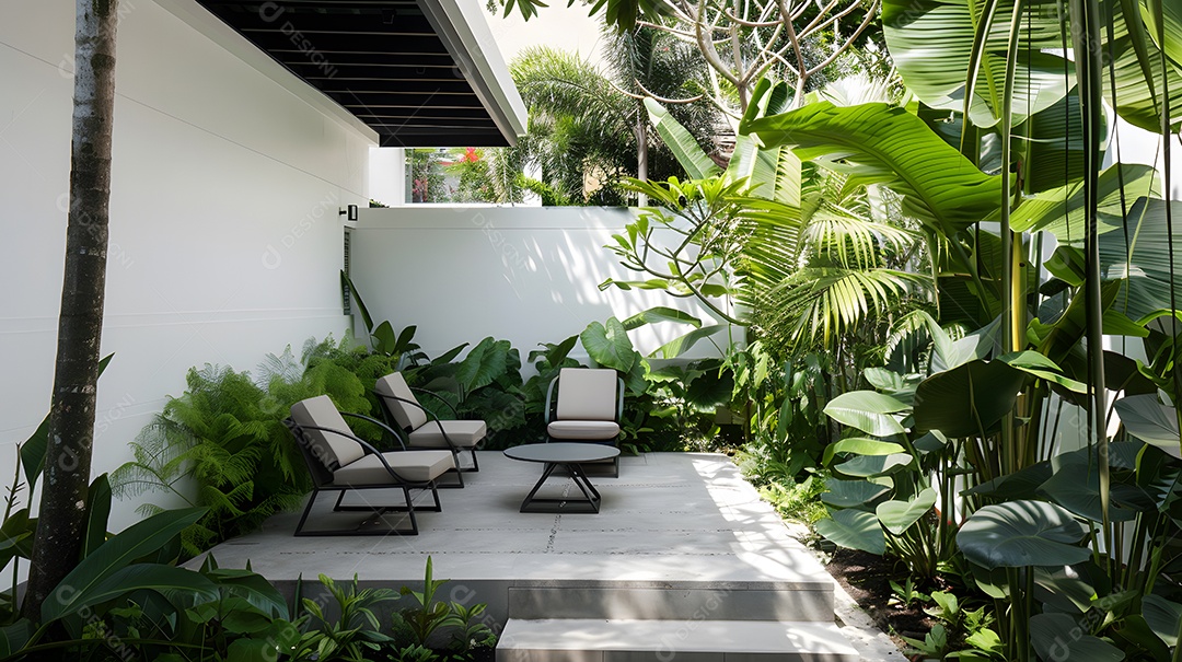 Um pátio exterior tranquilo com mobiliário minimalista e vegetação exuberante