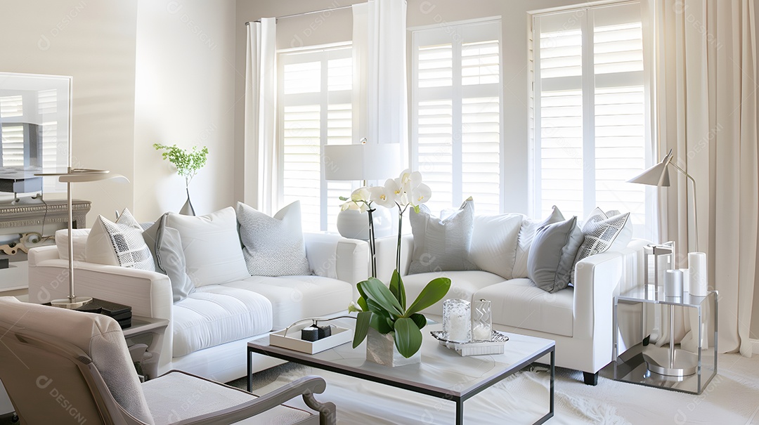 Uma sala de estar serena com linhas simples e cores neutras
