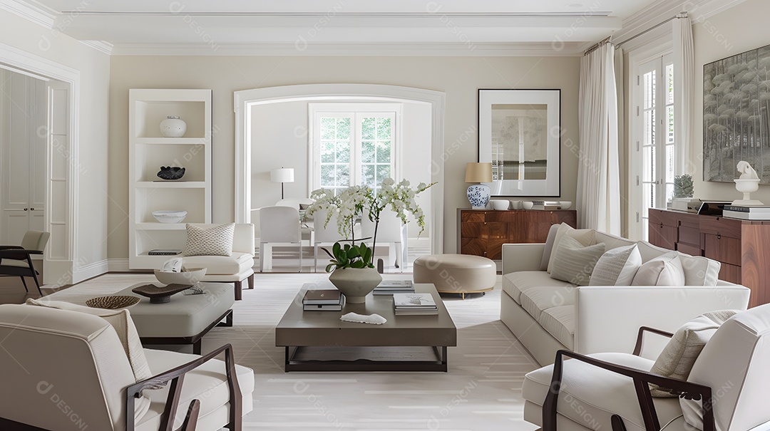 Uma sala de estar contemporânea com decoração minimalista e uma luminária marcante