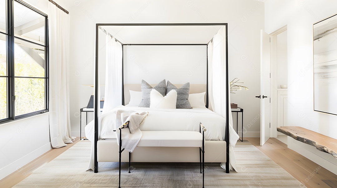 Uma suíte master serena com cama de dossel minimalista e paleta de cores calmantes