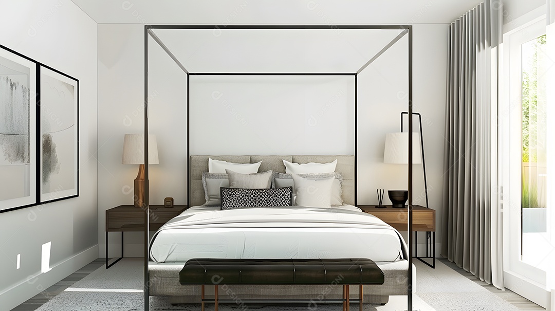 Uma serena praia azul turquesa com palmeiras balançando na brisa suave