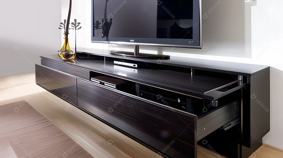 Um centro de entretenimento elegante com armazenamento oculto e linhas simples
