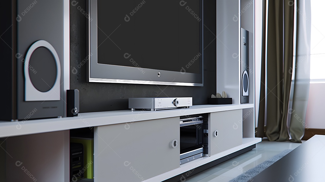 Um centro de entretenimento elegante com armazenamento oculto e linhas simples