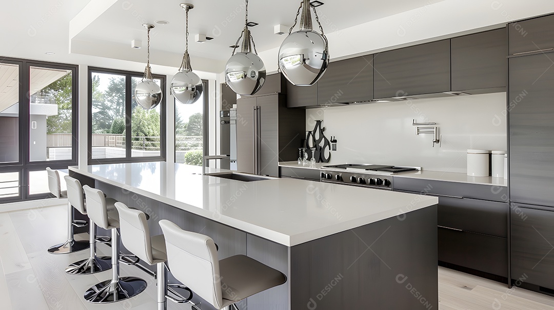 Uma ilha de cozinha elegante com bancos de bar minimalistas e iluminação pendente