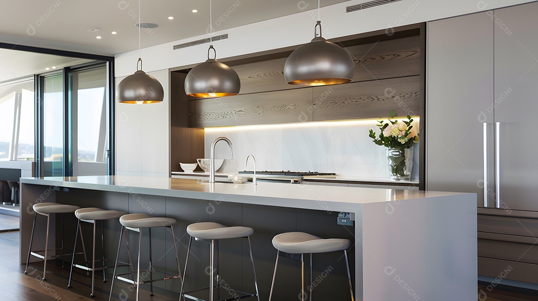 Uma ilha de cozinha elegante com bancos de bar minimalistas e iluminação pendente