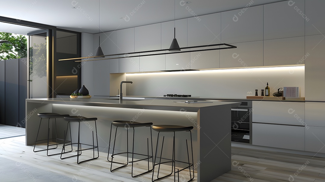 Uma ilha de cozinha elegante com bancos de bar minimalistas e iluminação pendente
