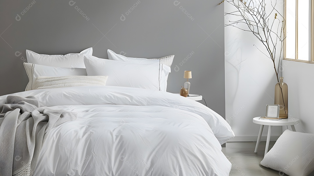 Um oásis de quarto tranquilo com roupa de cama minimalista