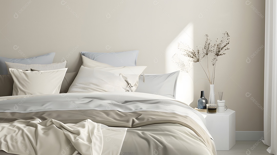 Um oásis de quarto com roupa de cama minimalista e um esquema de cores relaxantes