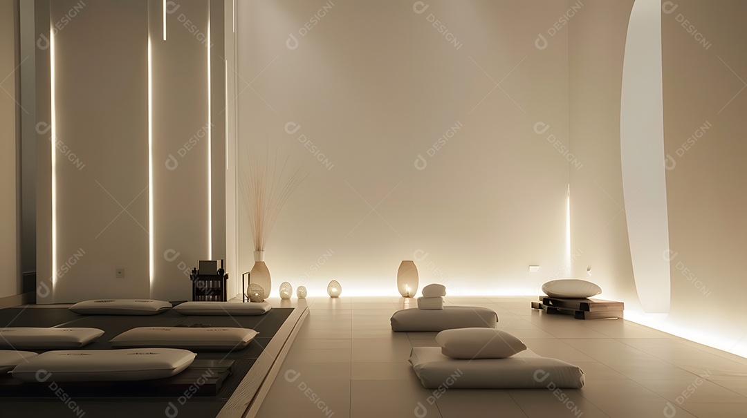 Um espaço de meditação tranquilo com iluminação suave e decoração minimalista