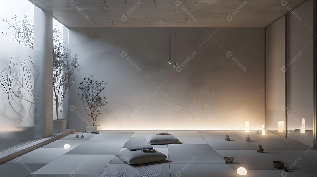 Um espaço de meditação tranquilo com iluminação suave e decoração minimalista