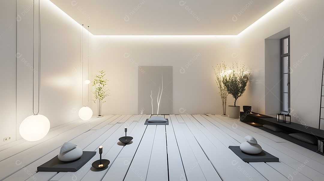 Um espaço de meditação tranquilo com iluminação suave e decoração minimalista