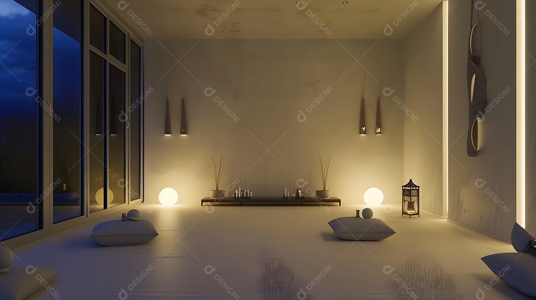Um espaço de meditação tranquilo com iluminação suave e decoração minimalista