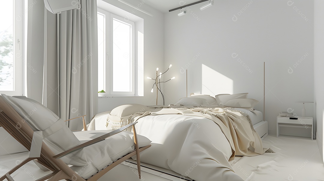 Um quarto arejado com móveis minimalistas e texturas suaves