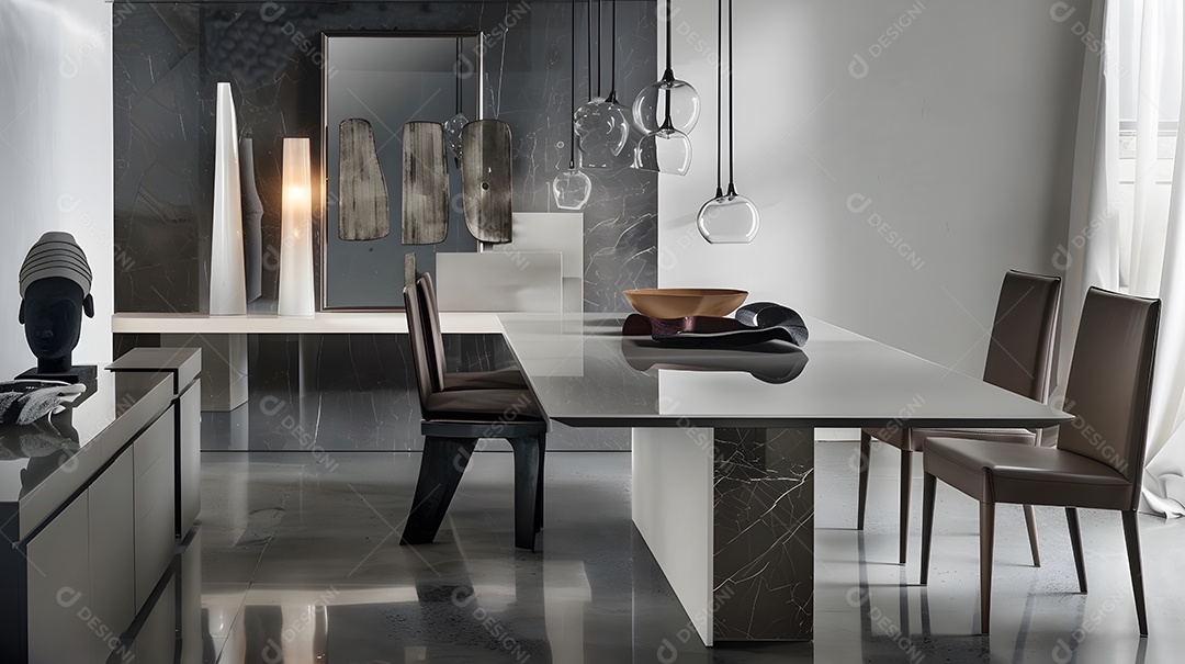 Uma sala de estar contemporânea com decoração minimalista e uma luminária marcante