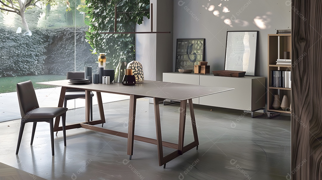 Uma sala de estar contemporânea com decoração minimalista e uma luminária marcante