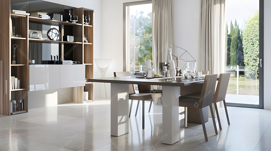 Uma sala de estar contemporânea com decoração minimalista e uma luminária marcante