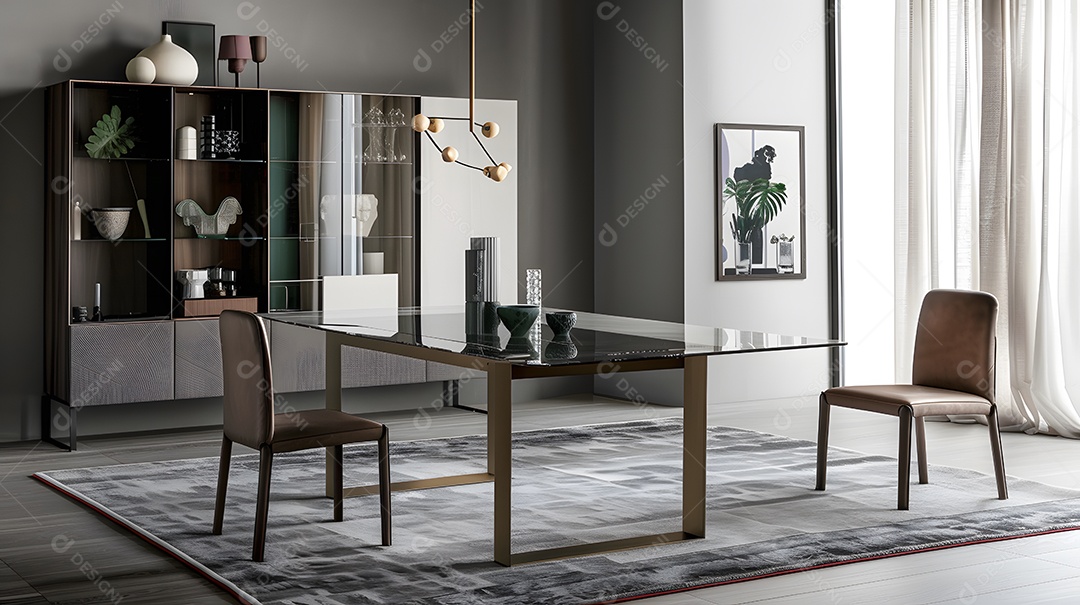 Uma sala de estar contemporânea com decoração minimalista e uma luminária marcante