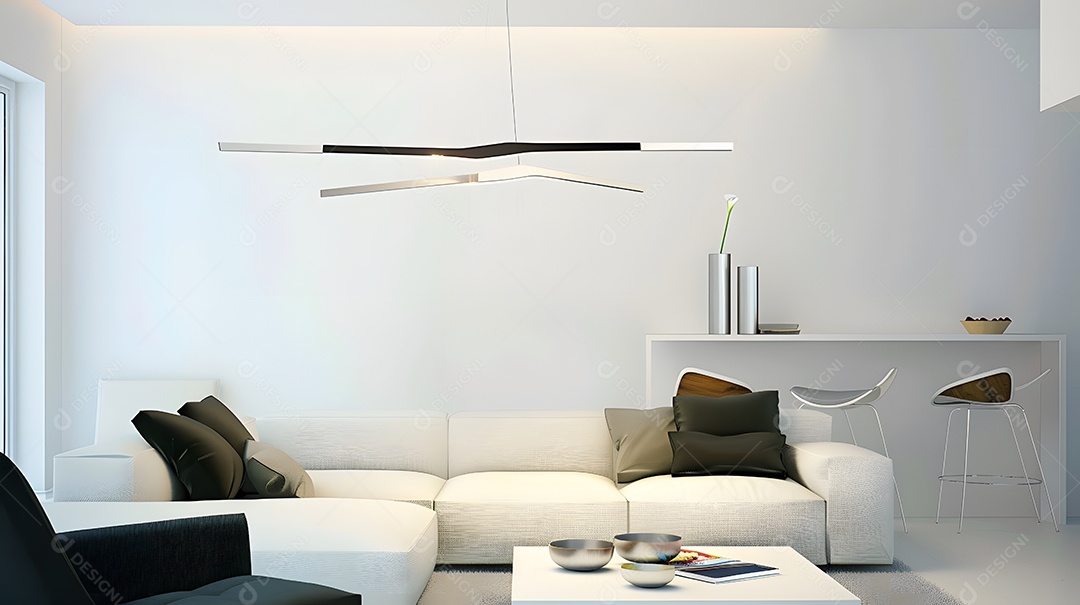 Uma sala de estar contemporânea com decoração minimalista e uma luminária marcante