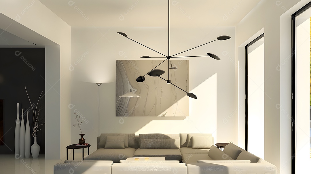 Uma sala de estar contemporânea com decoração minimalista e uma luminária marcante