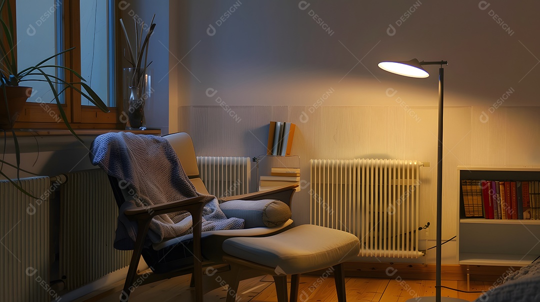 Um canto de leitura aconchegante com luminária de chão minimalista e cadeira confortável