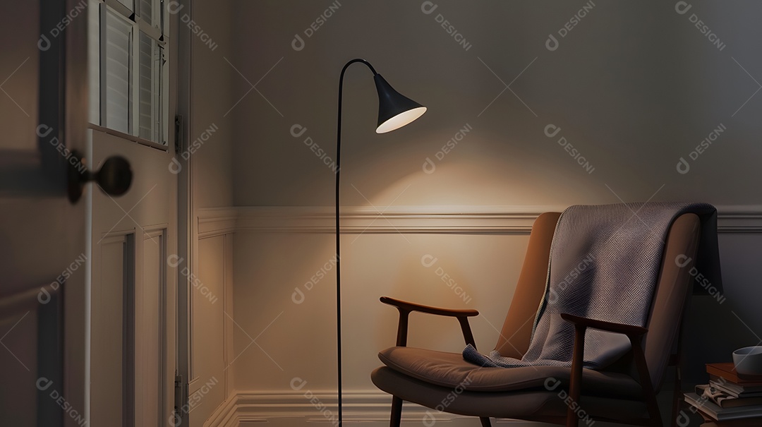 Um canto de leitura aconchegante com luminária de chão minimalista e cadeira confortável