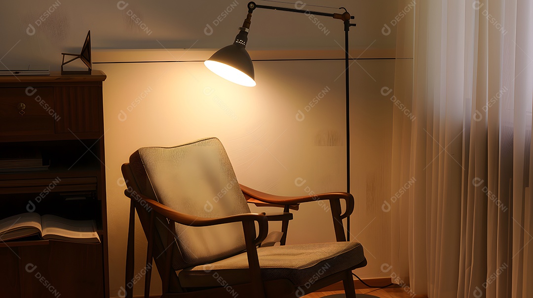 Um canto de leitura aconchegante com luminária de chão minimalista e cadeira confortável