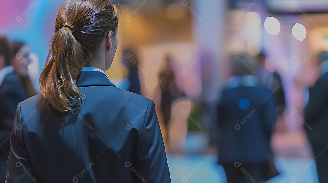 Uma mulher de terno participando de uma conferência de negócios