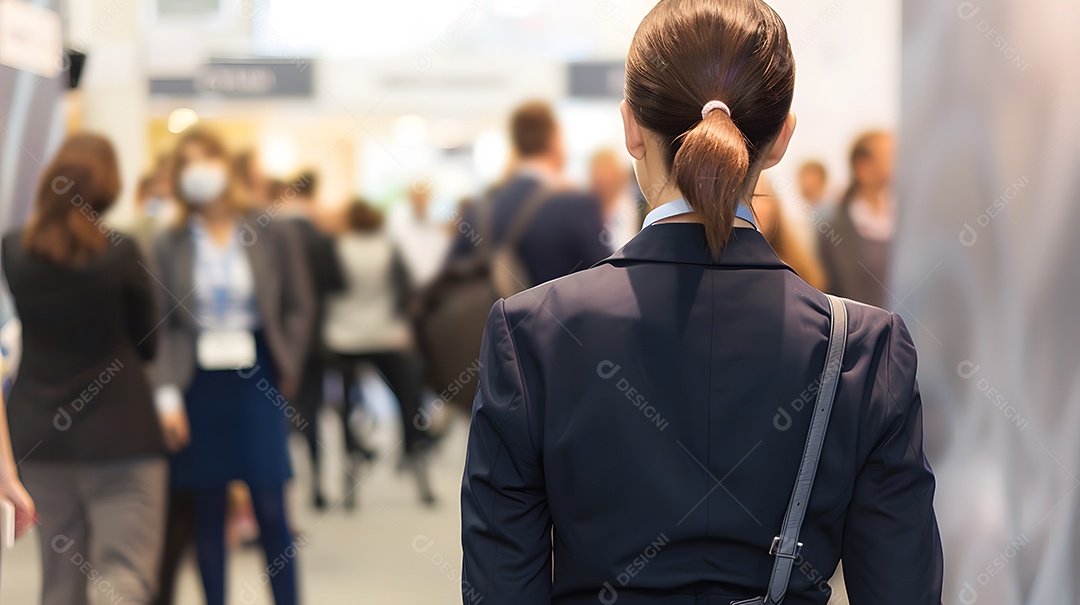 Uma mulher de terno participando de uma conferência de negócios