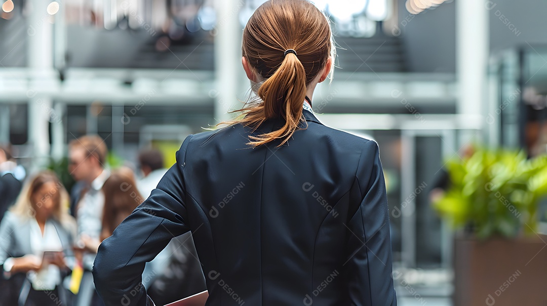 Uma mulher de terno participando de uma conferência de negócios
