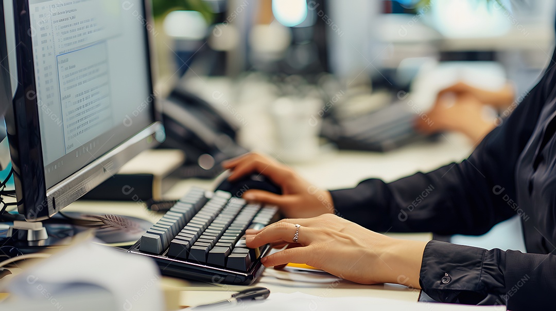 Uma trabalhadora em um escritório movimentado digitando em um computador