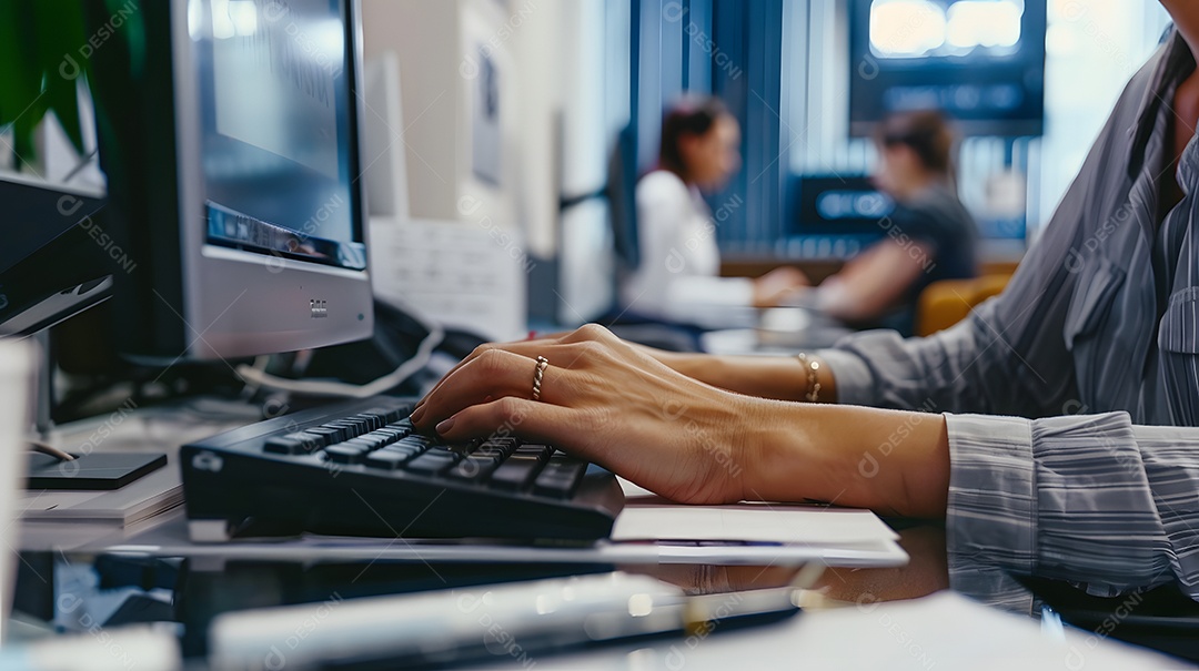 Uma trabalhadora em um escritório movimentado digitando em um computador