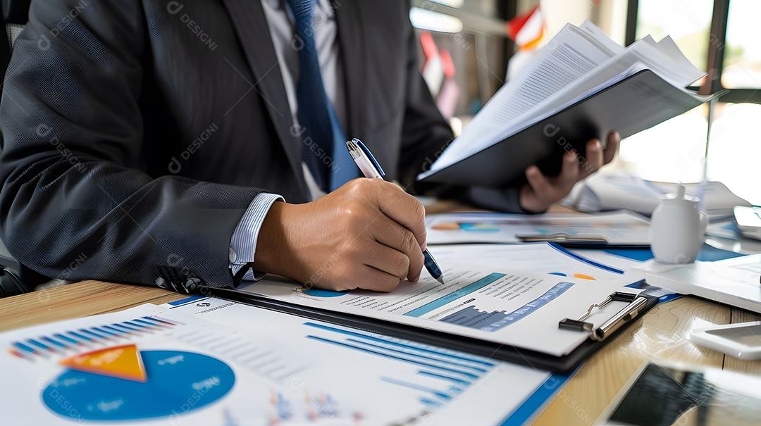 Um executivo revisando relatórios em uma mesa