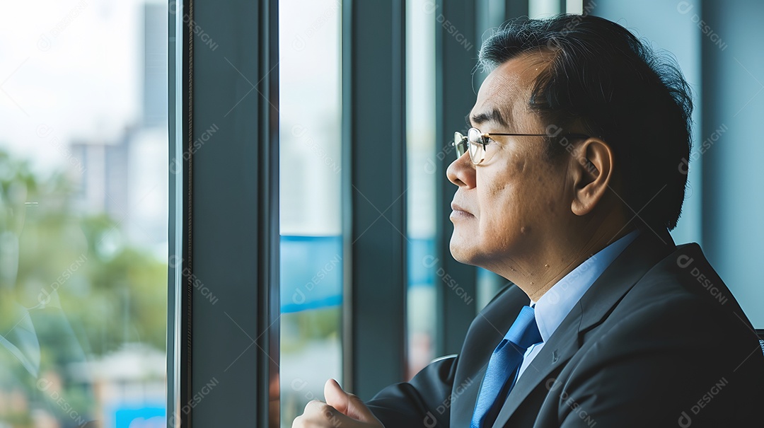 Um líder empresarial olhando contemplativamente pela janela