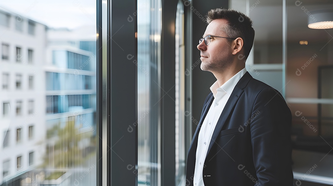 Um líder empresarial olhando contemplativamente pela janela