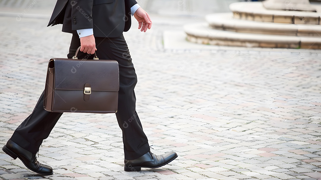 Um empresário com uma maleta andando propositalmente
