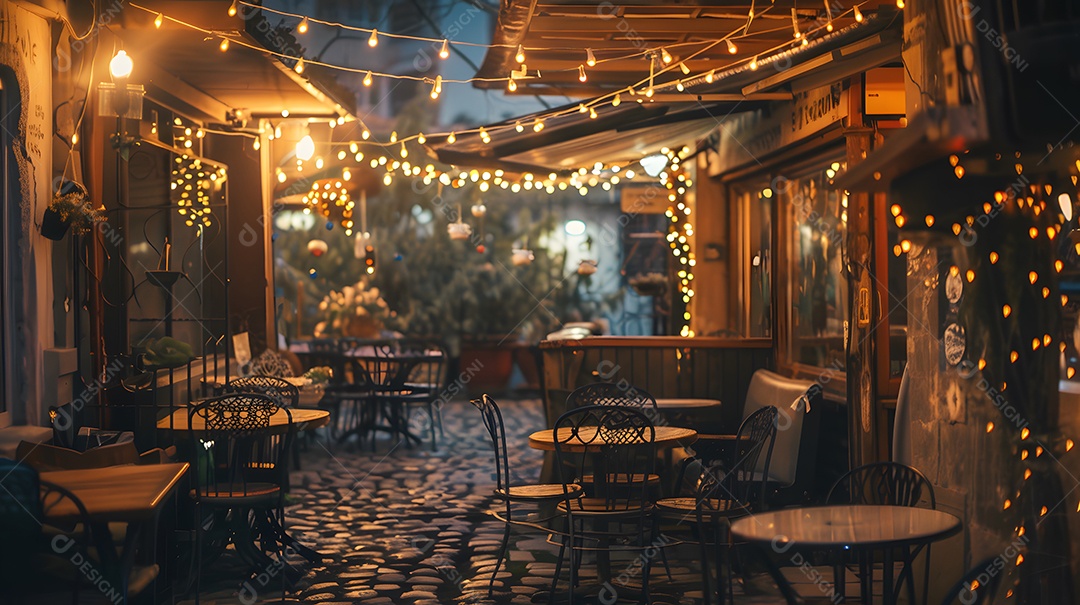 Café aconchegante com mesas ao ar livre e luzes cintilantes no teto