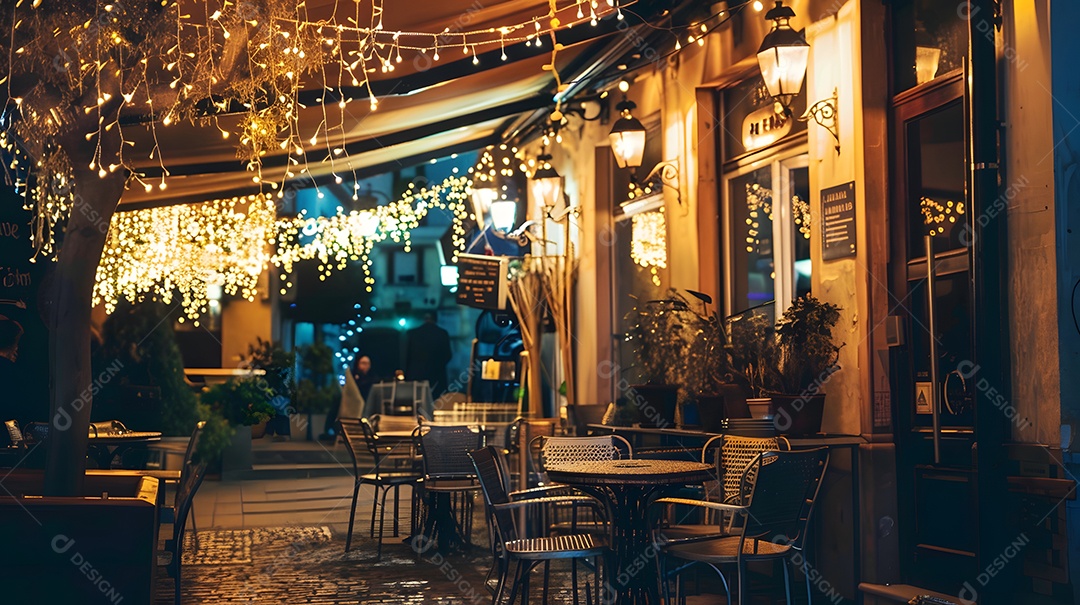 Café aconchegante com mesas ao ar livre e luzes cintilantes no teto