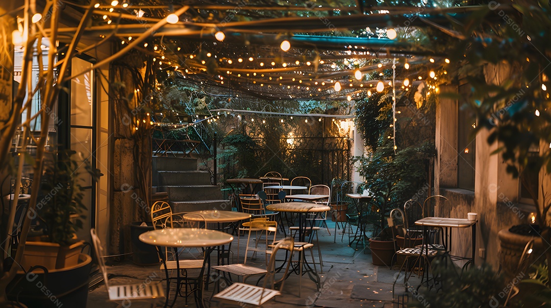 Café aconchegante com mesas ao ar livre e luzes cintilantes no teto