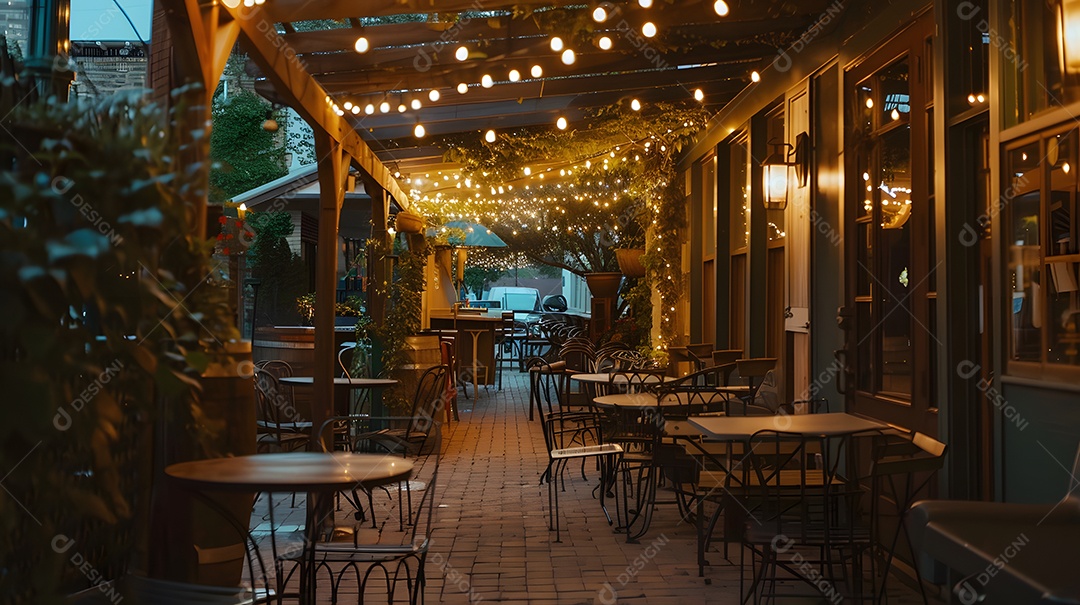 Café aconchegante com mesas ao ar livre e luzes cintilantes no teto