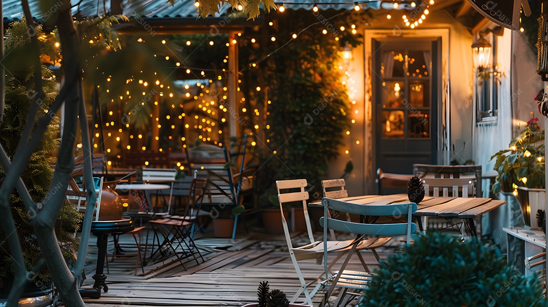 Café aconchegante com mesas ao ar livre e luzes cintilantes no teto