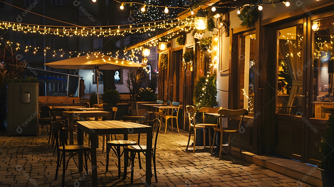 Café aconchegante com mesas ao ar livre e luzes cintilantes no teto
