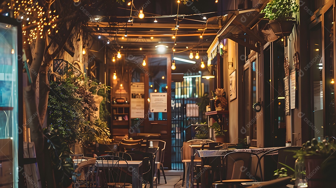 Café aconchegante com mesas ao ar livre e luzes cintilantes no teto