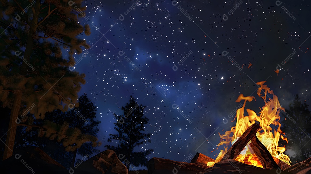 Uma aconchegante fogueira crepitando sob um céu noturno estrelado