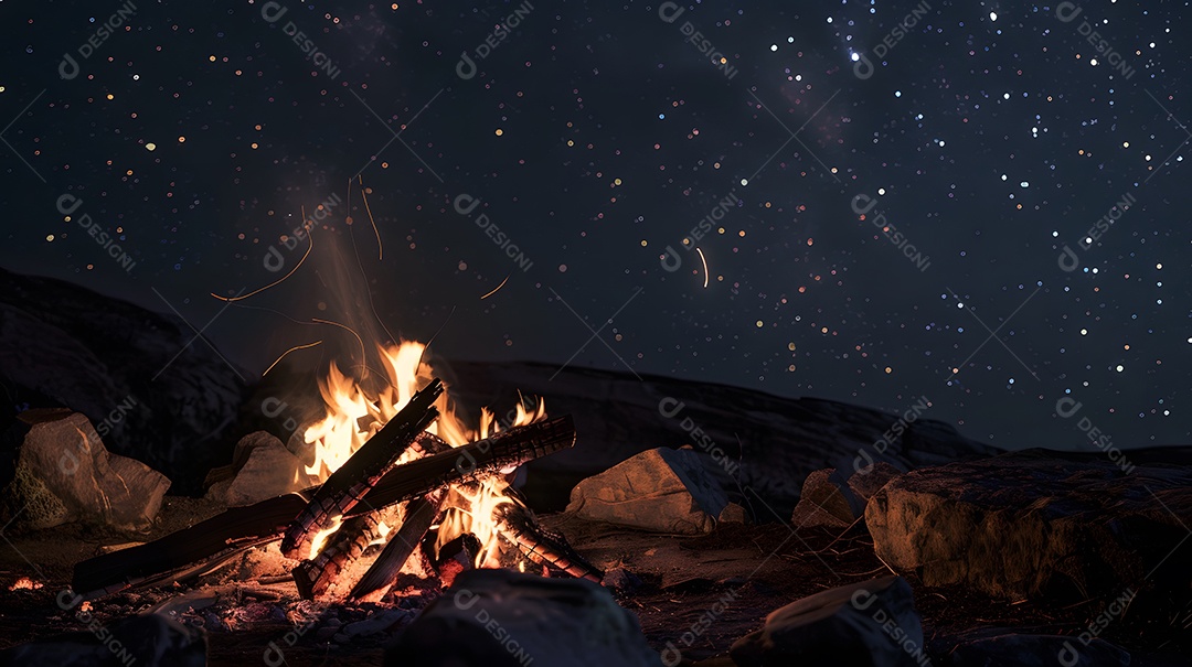 Uma aconchegante fogueira crepitando sob um céu noturno estrelado
