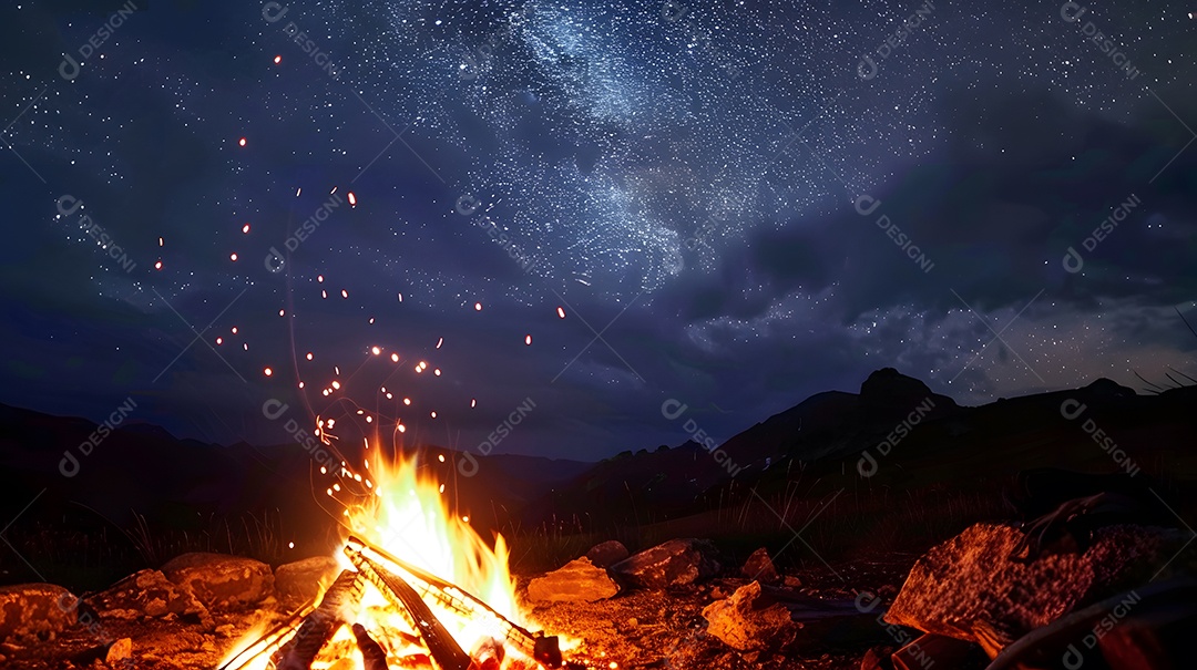 Uma aconchegante fogueira crepitando sob um céu noturno estrelado